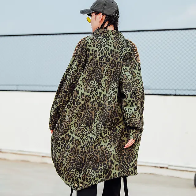 Mid Length Leopard Print Camouflage Rivet European Street Heavy Industry Trench Coat Leopard Plus Velvet - Shop at LoveMi