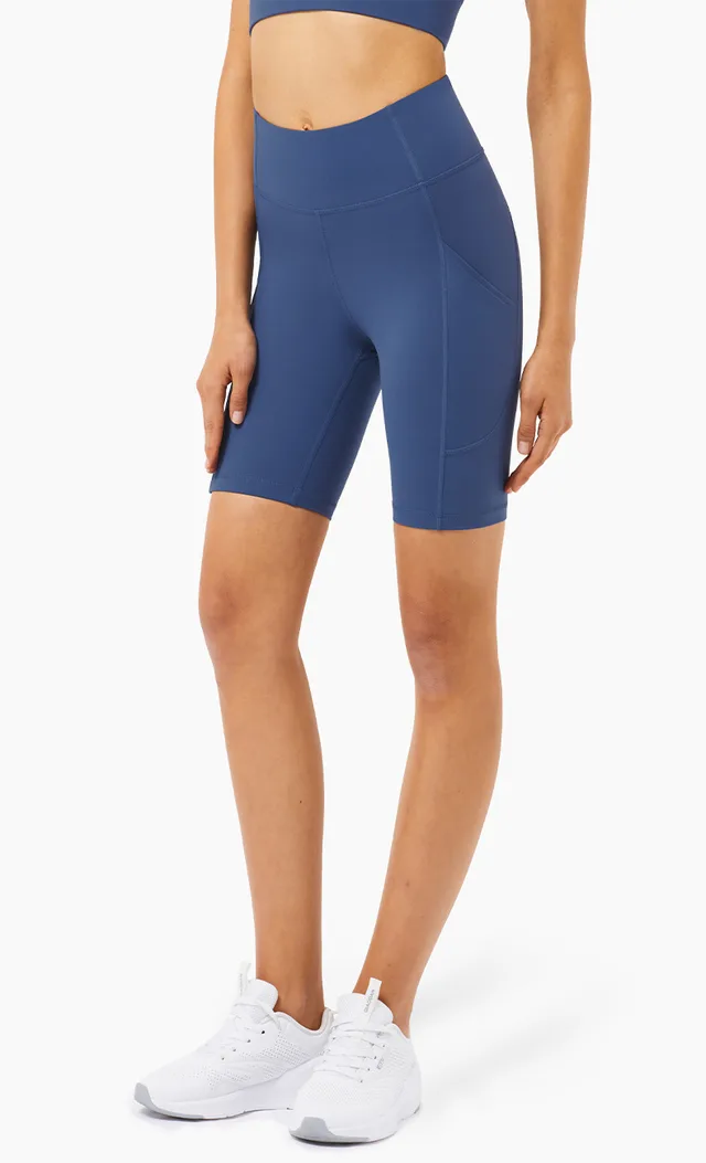 Sports Fitness Pants Women High Waist Peach Hip Yoga Pants Pocket Five Point Shorts Blue - Shop at LoveMi