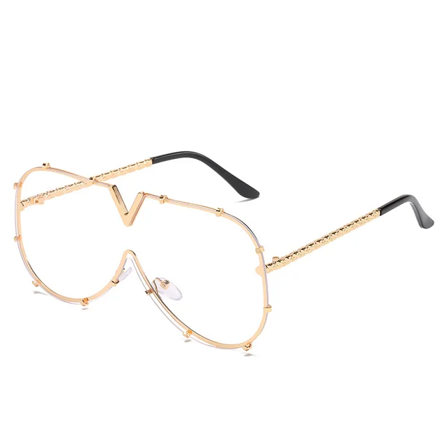 V shaped One piece Lens Frog Sunglasses C11 Gold Frame White Film - Shop at LoveMi