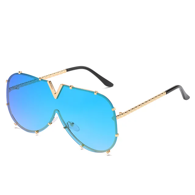 V shaped One piece Lens Frog Sunglasses C5 Gold Frame Blue Film - Shop at LoveMi