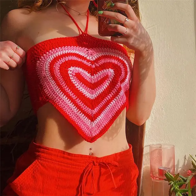 Nibber Sweet Cute Sexy Patchwork Crop Top For Women Halter Summer Slim Bandage Camisole Stretch Club Streetwear Female New Red - Shop at LoveMi
