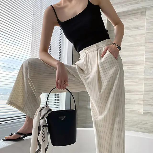 Classic Vertical Stripes Suit Craft Loose High Waist Drape Wide Leg Pants Women Thin Section Beige - Shop at LoveMi