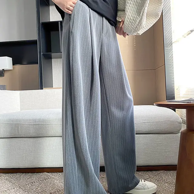 Classic Vertical Stripes Suit Craft Loose High Waist Drape Wide Leg Pants Women Thin Section Grey - Shop at LoveMi