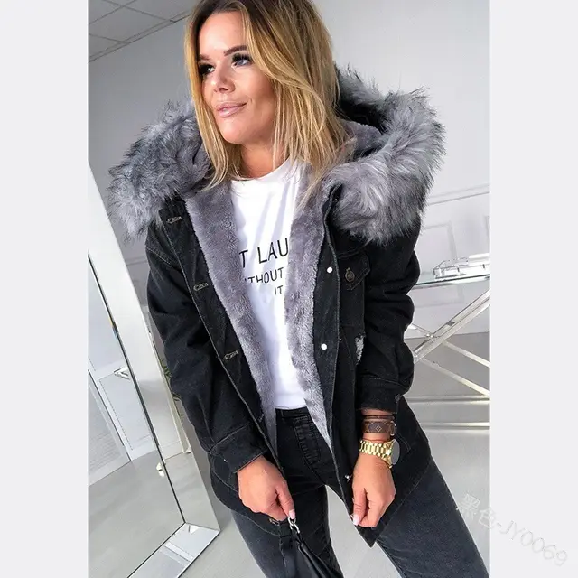 European And American Retro Big Fur Collar Denim Jacket Temperament Commuting To Keep Warm Mid Length Broken Hole Distressed Coat Black - Shop at LoveMi