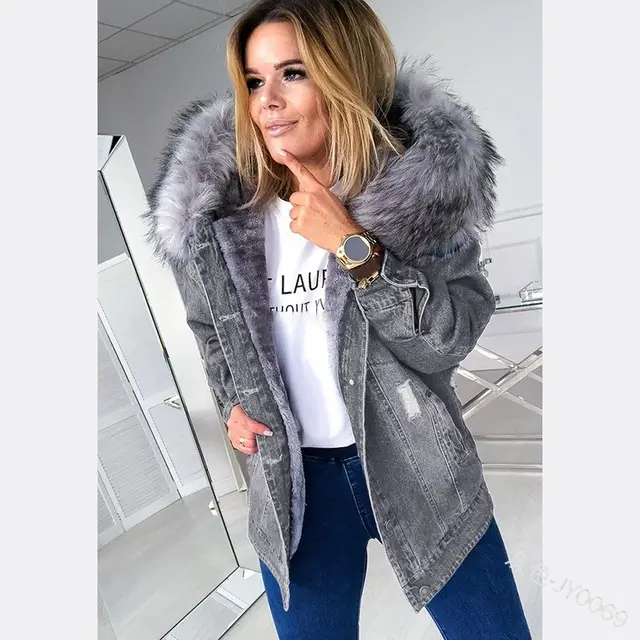 European And American Retro Big Fur Collar Denim Jacket Temperament Commuting To Keep Warm Mid Length Broken Hole Distressed Coat Gray - Shop at LoveMi