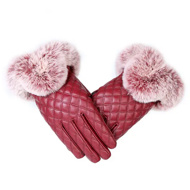 Ladies Fur Ball Pu Gloves Winter Plus Velvet Cute Gloves Touch Screen Touch Warm Gloves Sales Red - Shop at LoveMi