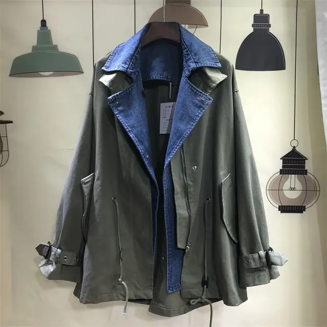 Stitching Denim Collar Casual All Match Windbreaker Armygreen - Shop at LoveMi