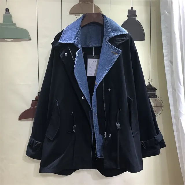 Stitching Denim Collar Casual All Match Windbreaker Black - Shop at LoveMi
