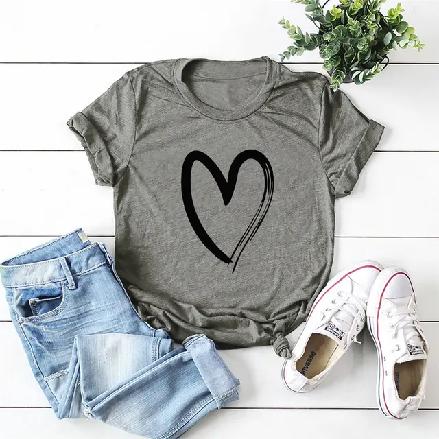 Love Print Short Sleeve T Shirt Casual Blouse Grey - Shop at LoveMi