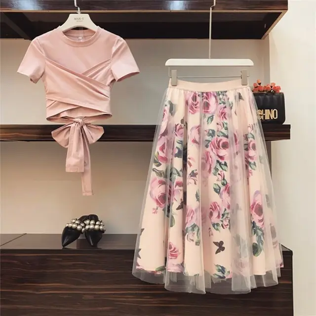 Women Irregular T Shirt Mesh Skirts Suits Tops Vintage Skirt Pink - Shop at LoveMi