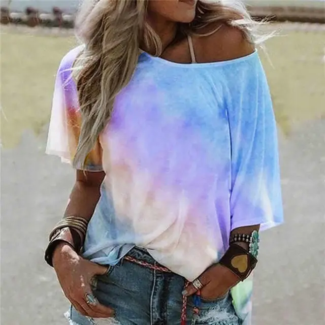 Tie Dye Process Multi Color Stitching Loose Fashion Short Sleeves Blue - Shop at LoveMi