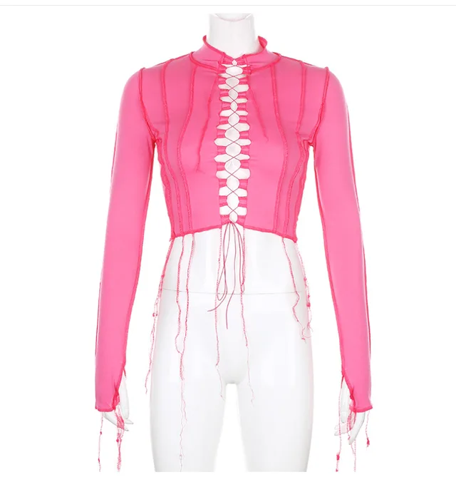 Women's Wear Tie Hollow Long Sleeve Cocktail Sexy Top Red - Shop at LoveMi