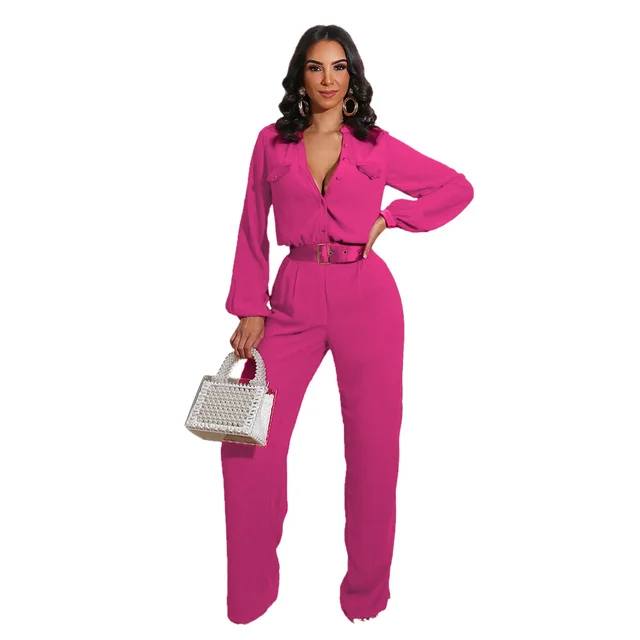 Fashion Casual Loose Women's Slim Long sleeved Jumpsuit Rose Red - Shop at LoveMi