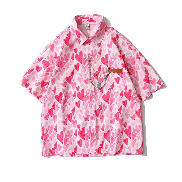 All Over Love Printed Cotton Short Sleeved Shirt For Men And Women Loose Couples Trend Summer Tops Pink - Shop at LoveMi