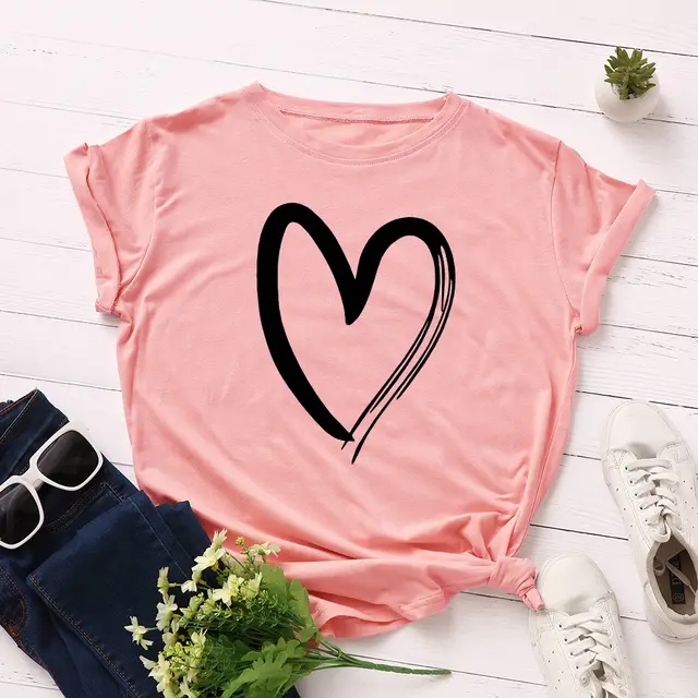 Women's Loose Heart Shaped Round Neck Short Sleeved T Shirt Dark Pink - Shop at LoveMi