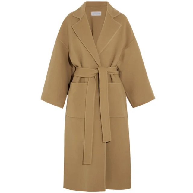 Retro Simple Lapel Lace Up Slim Fit Cashmere Coat Long Side Slit Woolen Coat Camel - Shop at LoveMi