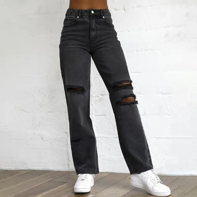 Women's Denim Pants With Ripped Holes Black - Shop at LoveMi