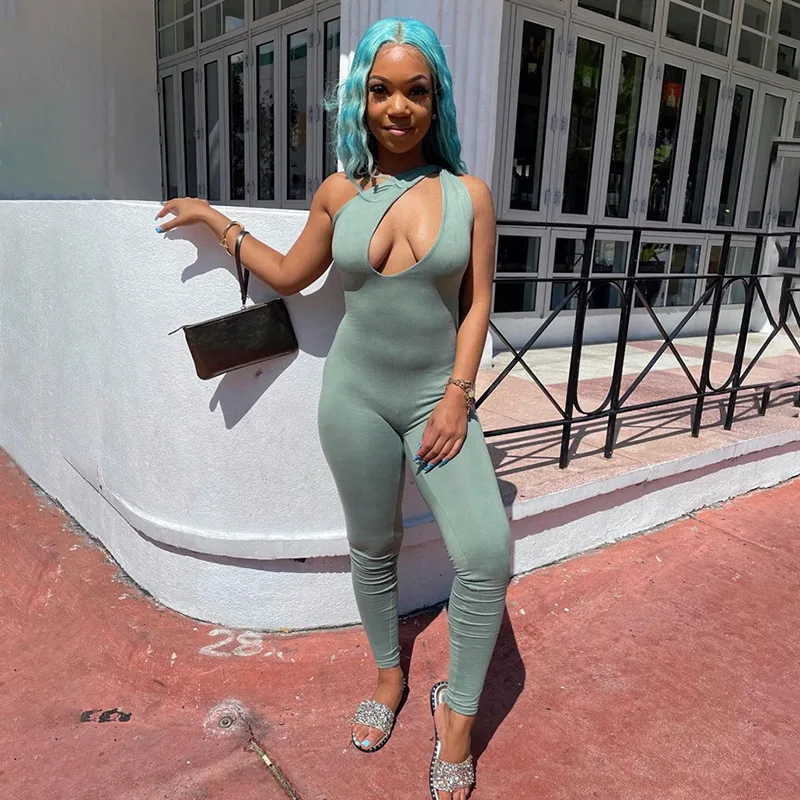 New Solid Color Irregular One-Shoulder Twisted Sleeveless Slim-Fit Trousers Jumpsuit - Light Blue