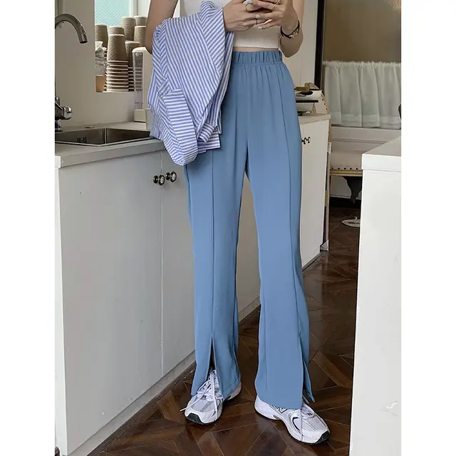 Women's Trousers With High Waist And Thin Slit Drape Wide leg Pants Blue - Shop at LoveMi