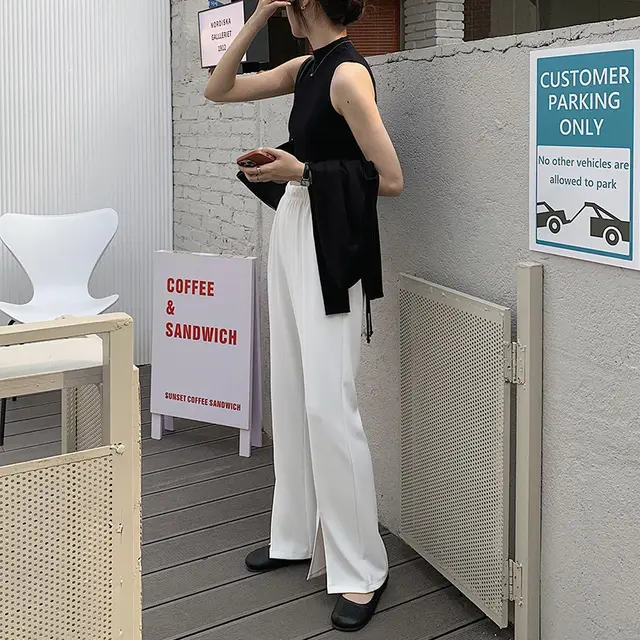 Women's Trousers With High Waist And Thin Slit Drape Wide leg Pants White - Shop at LoveMi
