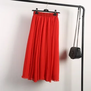 Spring Chiffon Skirt Spring And Autumn Big Swing Fairy Skirt Thin Skirt A-Line Pleated Skirt Half-Length Skirt - Red