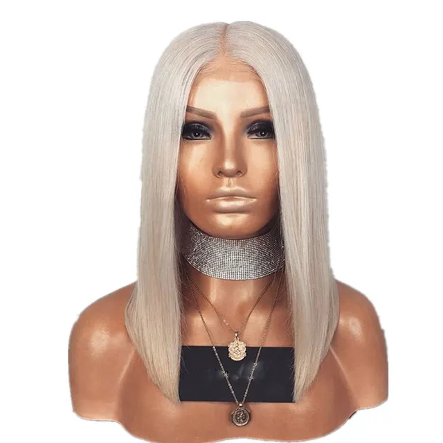 Wig Female Short Hair Inner Buckle Middle Long Hair Silver Gray Chemical Fiber Hair White - Shop at LoveMi
