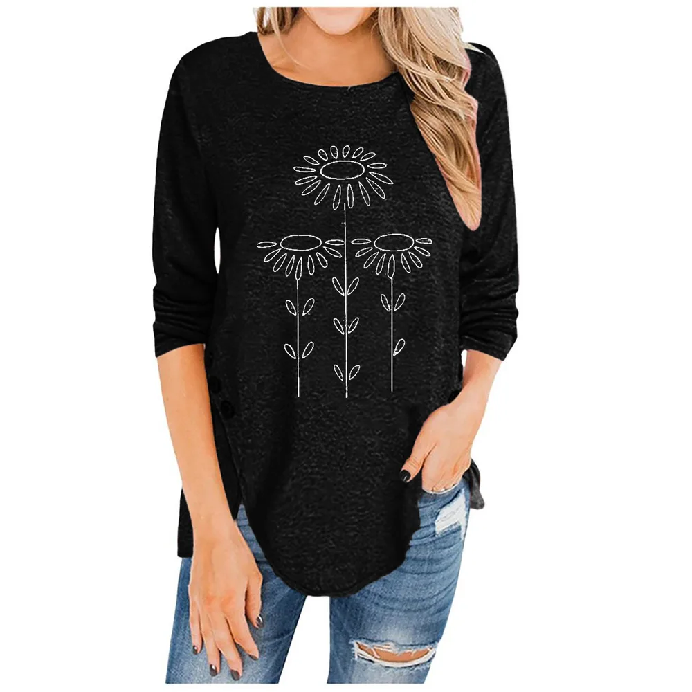 Irregular Button Long Sleeved Round Neck Printed Women'S T Shirt Black - Shop at LoveMi