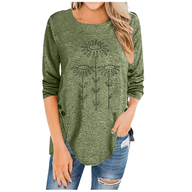 Irregular Button Long Sleeved Round Neck Printed Women'S T Shirt Green - Shop at LoveMi