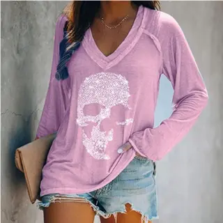 European And American Style Skull Print Casual Long-Sleeved Pullover Deep V-Neck T-Shirt - Purple