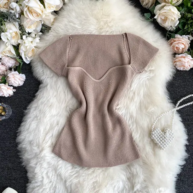 Net Red Basic Knit Short Sleeved T Shirt Goddess Sexy Low Neck Tight Fitting Waist All Match Solid Color Pullover Top Khaki - Shop at LoveMi