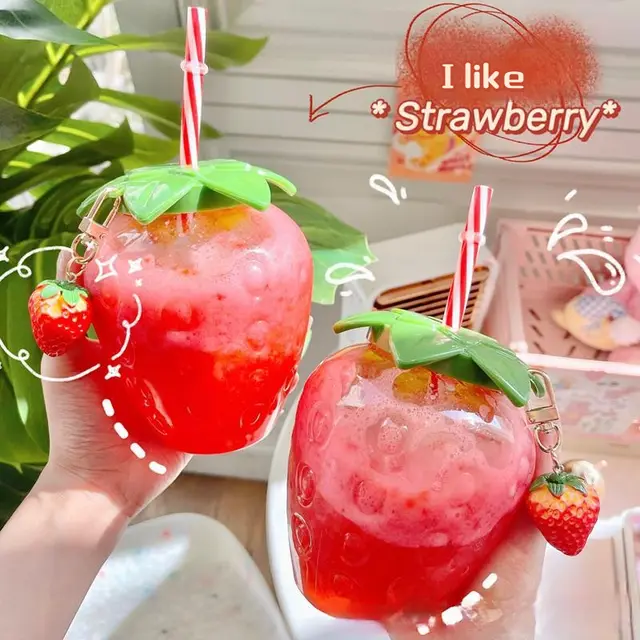 Net Red Strawberry Straw Cup Plastic Cup Cute Female Casual Milk Tea A1A - Shop at LoveMi