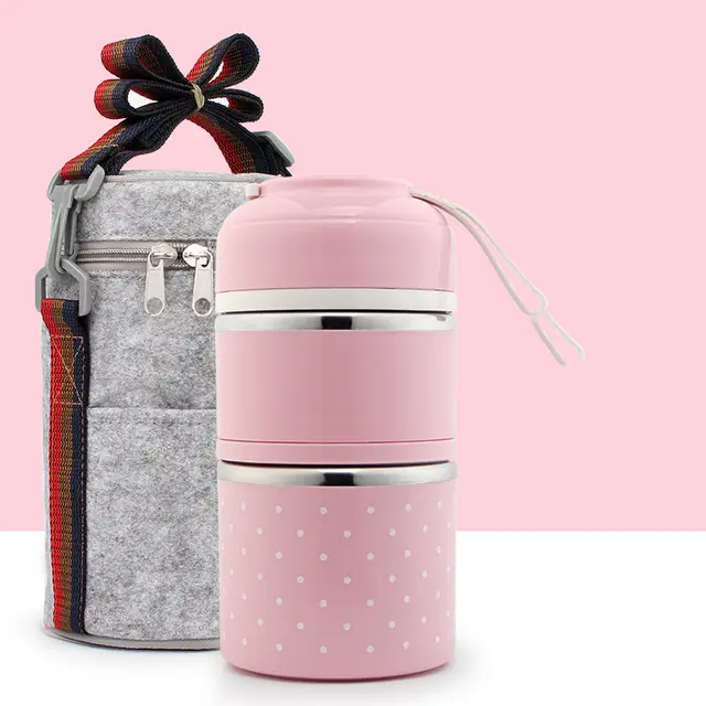 Portable Stainless Steel Lunch Box Polka Dot Grid Lunch Polka Dot 2 Layer Powder - Shop at LoveMi