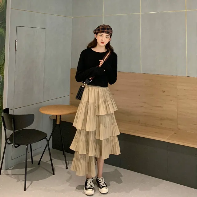 Irregular Pleated Skirt Women High Waist Mid Length Cake Skirt Apricot - Shop at LoveMi