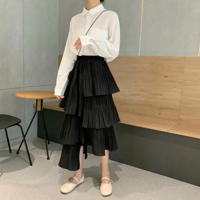 Irregular Pleated Skirt Women High Waist Mid Length Cake Skirt Black - Shop at LoveMi