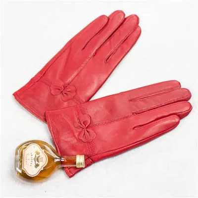 Autumn And Winter Sheep Leather Gloves Women Driving Cold Red Cute Bow Women Plus Velvet Warm Leather Gloves Red - Shop at LoveMi