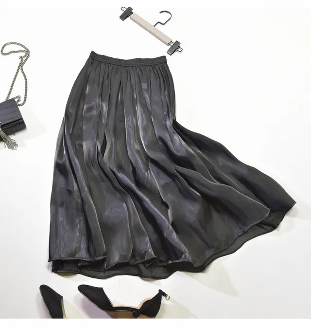 Mid Length Mid Length Autumn A Line Gentle Wind Pleated Satin Half Skirt Black - Shop at LoveMi