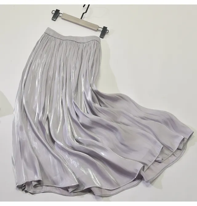 Mid Length Mid Length Autumn A Line Gentle Wind Pleated Satin Half Skirt Light Grey - Shop at LoveMi