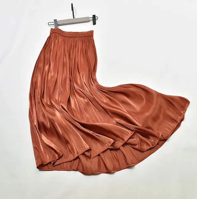 Mid Length Mid Length Autumn A Line Gentle Wind Pleated Satin Half Skirt Rust Red - Shop at LoveMi