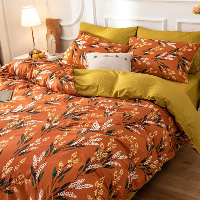 Four Piece Cotton Bedding, Cotton Bed Linen, Three Piece Quilt Cover For Dormitory Summer Orange - Shop at LoveMi