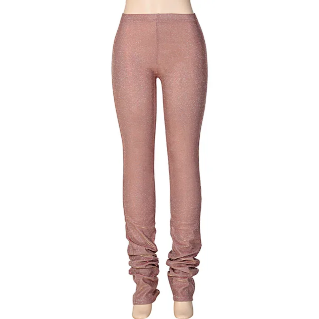 Hot Selling Women'S Fashion Casual Bright Silk Tight Fitting Mid Waist Pile Pants Orange - Shop at LoveMi