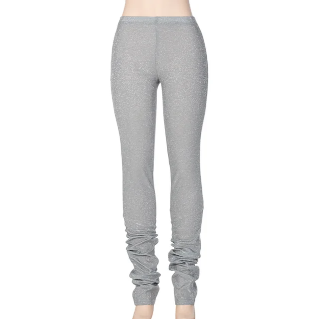 Hot Selling Women'S Fashion Casual Bright Silk Tight Fitting Mid Waist Pile Pants Silver - Shop at LoveMi