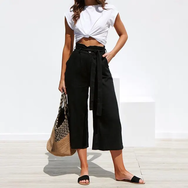 Women's Six Color Strappy Wide Leg Spring And Summer Casual Trousers Black - Shop at LoveMi