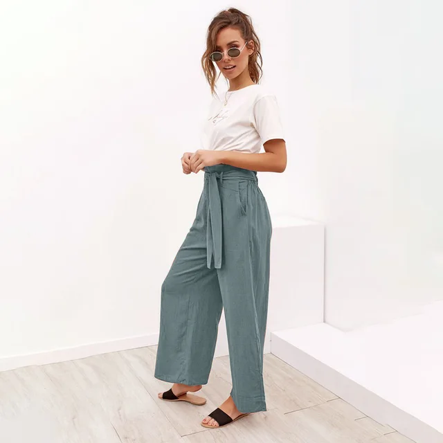 Women's Six Color Strappy Wide Leg Spring And Summer Casual Trousers Green - Shop at LoveMi