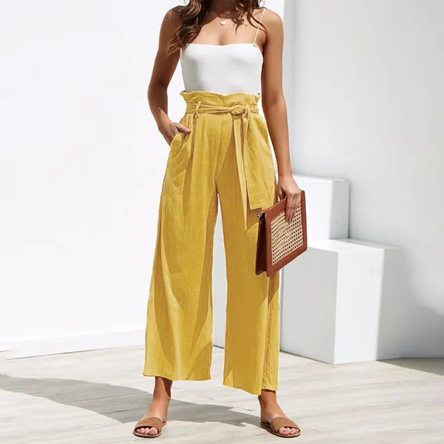 Women's Six Color Strappy Wide Leg Spring And Summer Casual Trousers Yellow - Shop at LoveMi