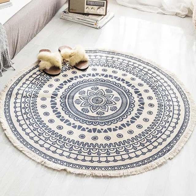 Round Hand Woven Carpet Tassel Edge Simple Line Coffee Table Mat American Light Luxury Floor Mat Nordic Lagoon - Shop at LoveMi