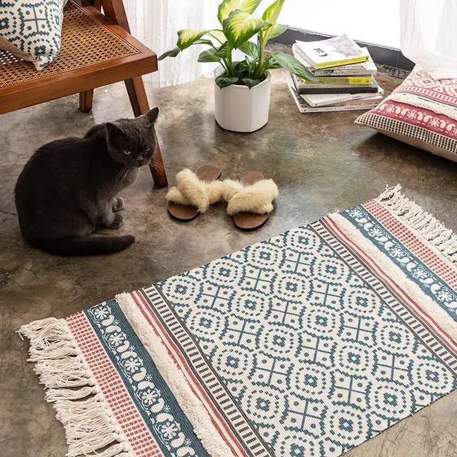 Cotton And Linen Three Dimensional Tufted Mats Handmade Tassel Carpet Nordic Style Carpet Mats Ethnic Style Foot Mats Loire Blue - Shop at LoveMi