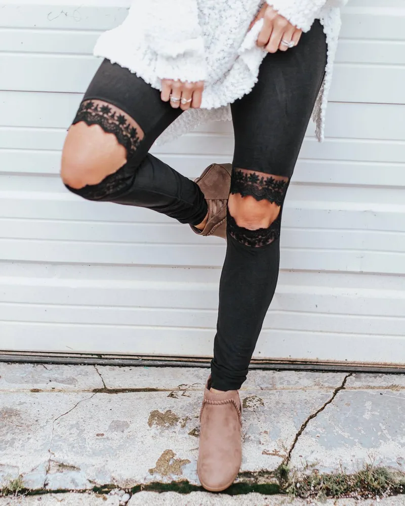 Feminine Slim Feature Lace Design Casual Pants Black - Shop at LoveMi