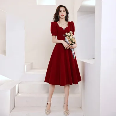 Toast Dress Bride Summer Engagement Dress Dress Wedding Little Girl French Short Sleeves Wine - Shop at LoveMi