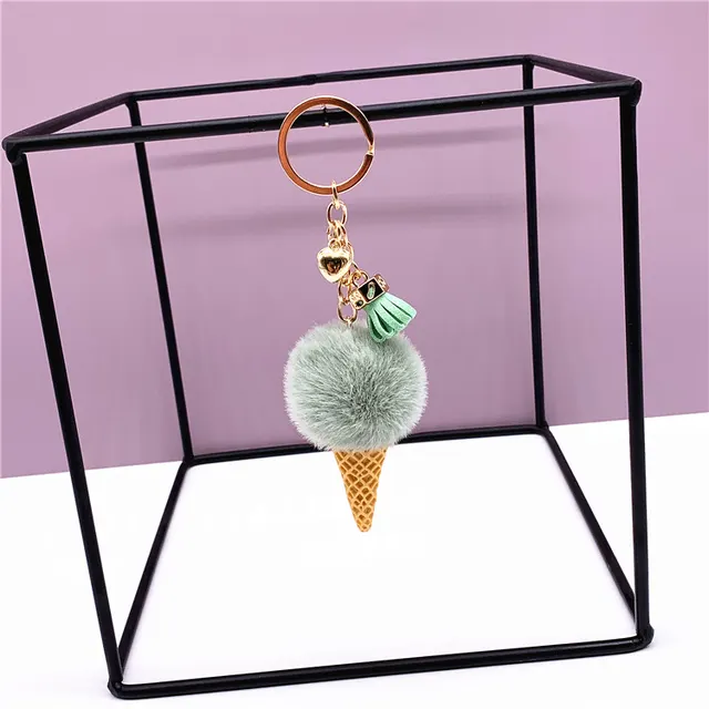 Ice Cream Keychain Cute Bag Cartoon Plush Pendant Cone Car Key Chain Ring Hair Ball Creative Gift Green - Shop at LoveMi