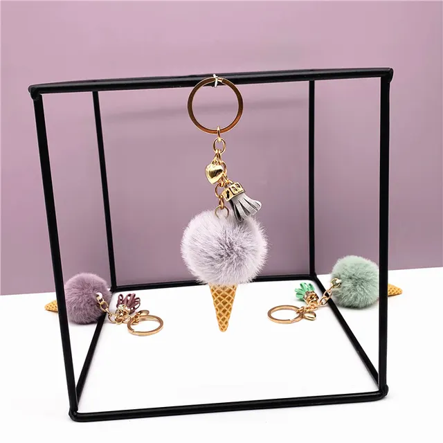 Ice Cream Keychain Cute Bag Cartoon Plush Pendant Cone Car Key Chain Ring Hair Ball Creative Gift Grey - Shop at LoveMi